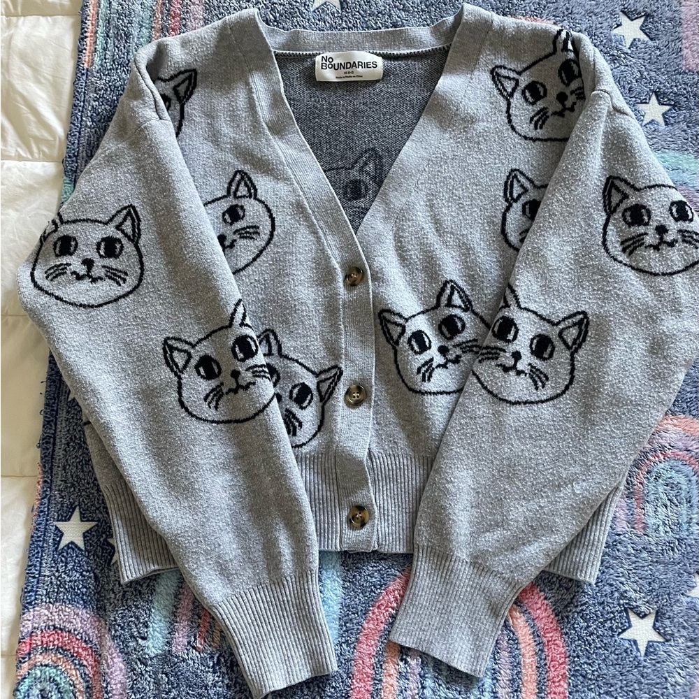 Gray Knit Cat Cardigan